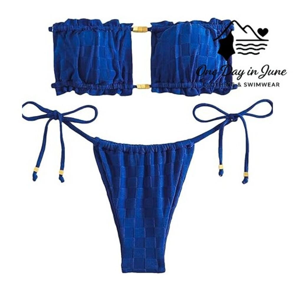 Charmleaks Bandeau Checkered Tie Side Bikini Swimsuit Size L